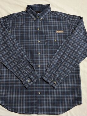 COLUMBIA PHG Men’s Vented Plaid Roll-Tab Long Sleeve Shirt Medium Navy/Tan Khaki